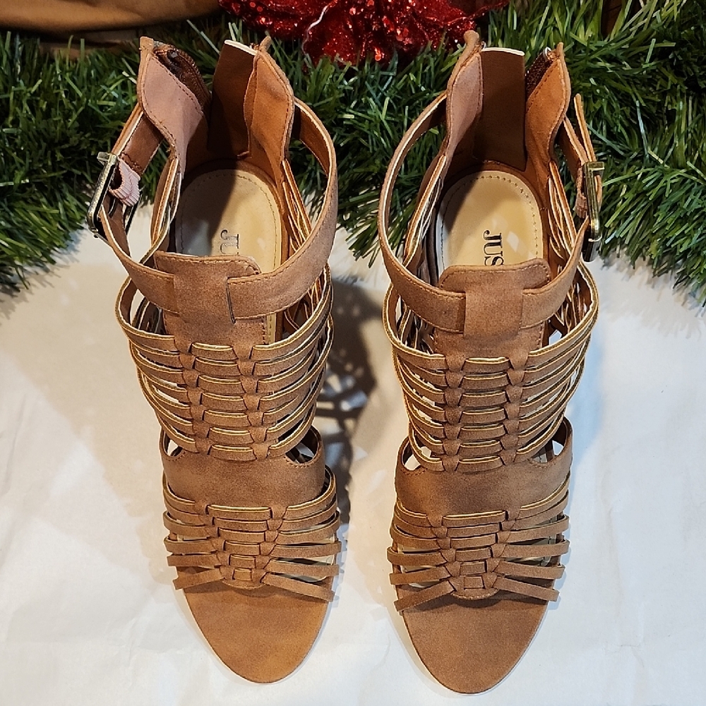 JustFab Tan Strappy Sandals - Picture 1 of 11